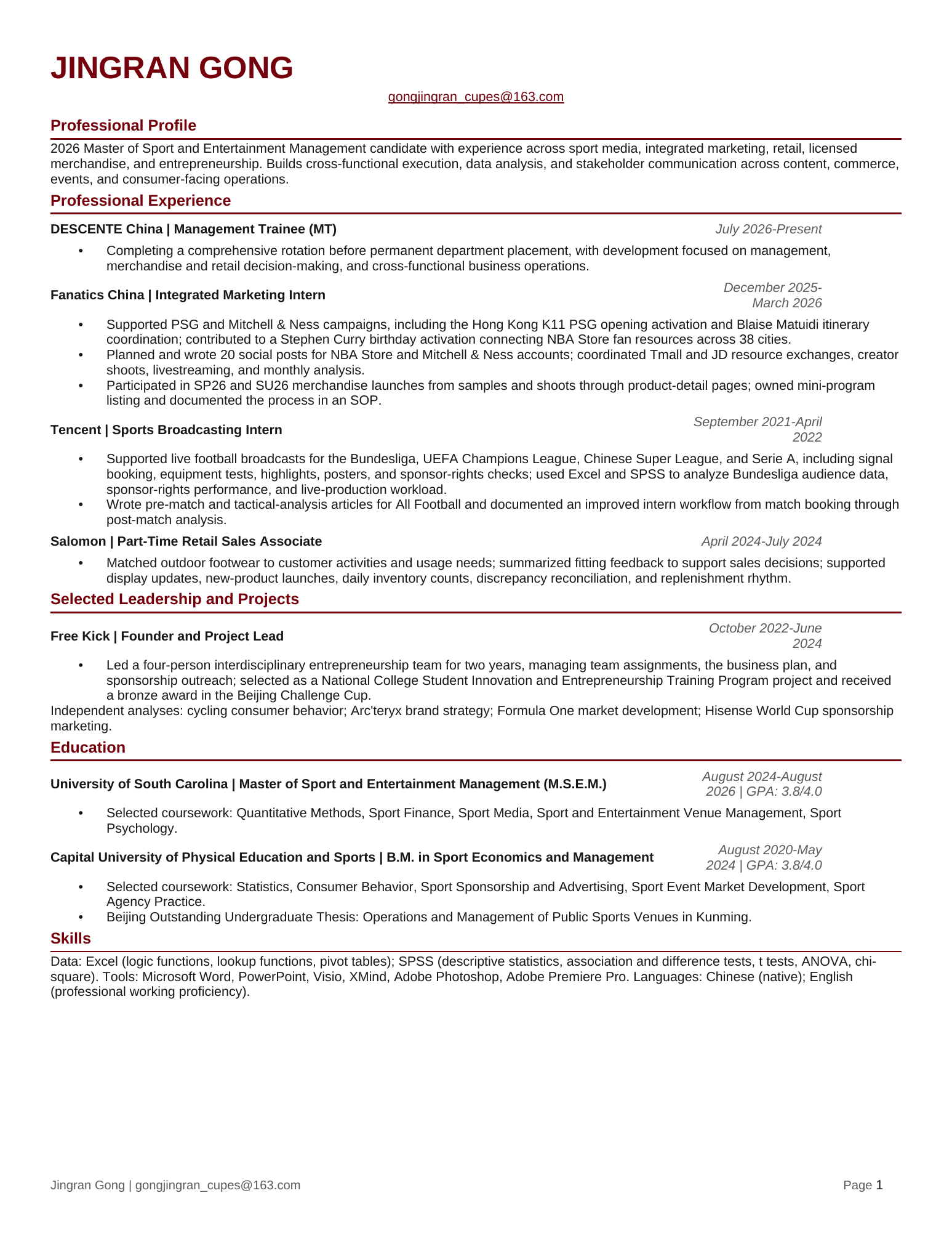 Jingran Gong professional resume preview