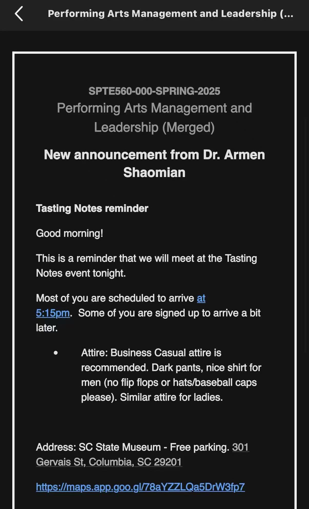SPTE 560 course reminder for the Spring 2025 Tasting Notes event